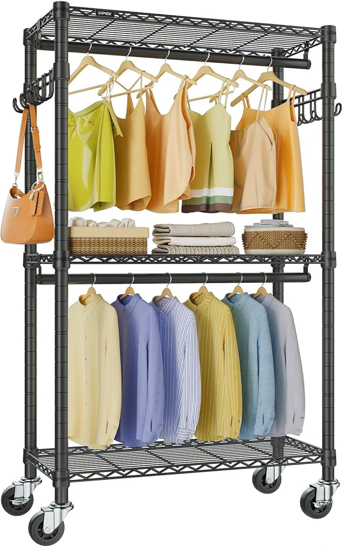 VIPEK R2 Mini Rolling Clothes Rack Portable Closet for Hanging Clothes | Lockable Silent Wheels, Double Hanging Rods, Adjustable Wire Shelving/Side Hooks, Space-Saving for Small Space, 450lbs, Black