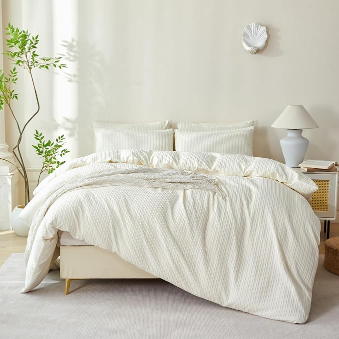 Comforter King Set Beige Striped Soft Luxury Washed Microfiber Jacquard 3 Pieces Bedding Set, Beige Vertical Ticking Stripes Comforter with 2 Pillowcases Breathable Durable Comfy