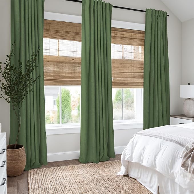 INOVADAY 100% Blackout Linen Curtains for Bedroom 50x96 Inches Moss Green | Linen Textured, Light Blocking, Room Darkening, Thermal Insulated, Back Tab Top, Window Curtains for Living Room, 2 Panels