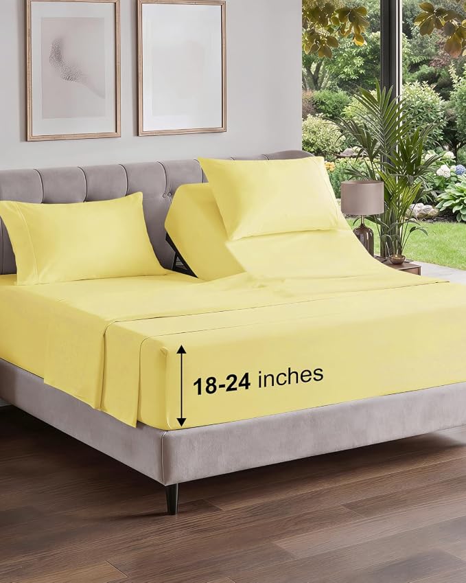 Flex Top Split Head King Sheet Set - 4 Piece Extra Deep Sheets - Yellow | Easily Fits 18 to 24 inch Mattress, Ultra Soft, Wrinkle & Fade Free with Extra Deep Pockets, Comfy Hotel Luxury Bedding