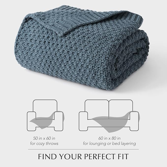 EVERGRACEHOME Chunky Chenille Knit Throw Blanket, 60 x 80, Stormy Blue | Sculpted Moss Stitch, Chic Modern Farmhouse, All-Season Warmth, OEKO-TEX® Certified, Elegant Blanket for Couch, Bed, Sofa