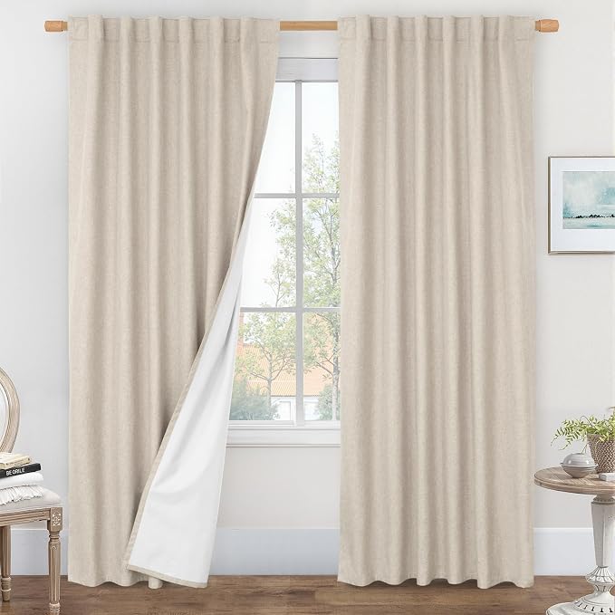 84 Inch Oatmeal 100% Blackout Linen Curtains for Living Room 2 Panels | Linen Textured, Farmhouse, Bedroom Curtains, Room Darkening Neutral Panels, Rod Pocket Back Tab, White Liner, 52 x 84 Inch