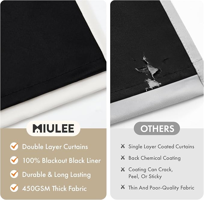 MIULEE Ivory 100% Blackout Curtains for Bedroom 40x84 Inch Long 2 Panels | 2 Thick Layers Thermal Insulated Window Curtains with Black Liner, Noise Reducing Grommet, Drapes for Living Room