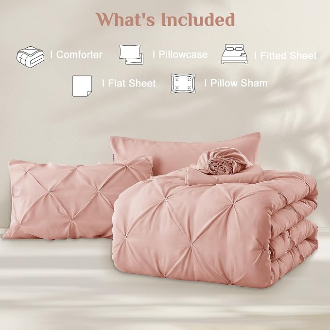 JOLLYVOGUE Twin XL Comforter Set 5 Pieces - Bed in a Bag Twin XL for All Season, Pintuck Bedding Comforter Sets with Comforter, Flat Sheet, Fitted Sheet and Pillowcases & Shams, Rose Brown