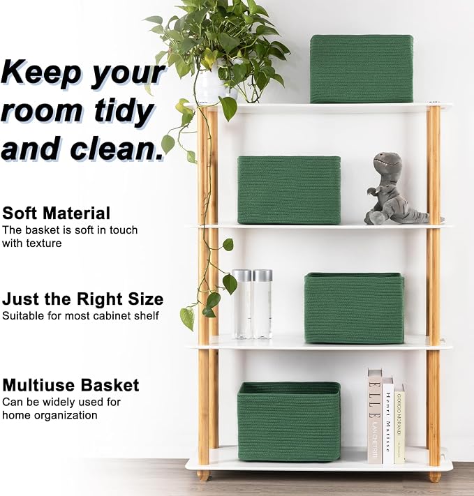 4 Pack Storage Baskets for Organizing, Woven Baskets for Shelves - Perfect for Toys, Books, Towels, and Clothes, Durable Gift Basket Bins Toy Storage, 12.7''L x9''W x7.8''H, Green