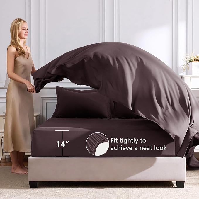Oversized King Comforter Set Cocoa Powder - 7 Pieces Bed in a Bag | OEKO-TEX Certified, All Season, 240GSM Down-Alternative Comforter, Sheets, Pillowcases & Shams, 14" Deep Pocket, Easy Care