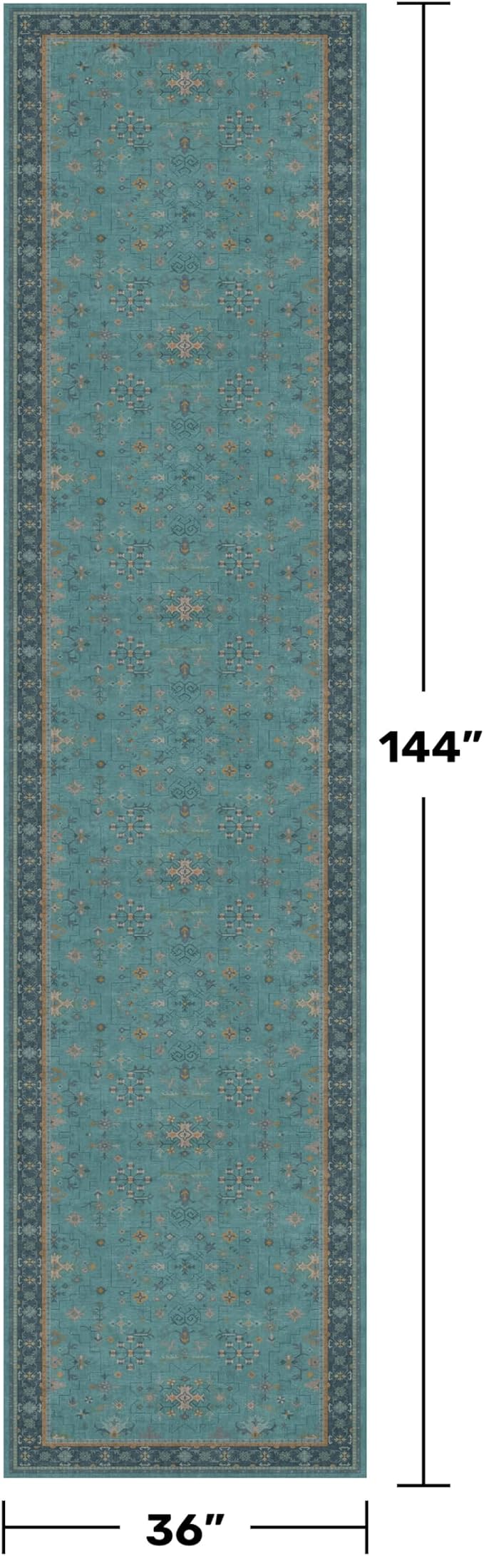 Vintage 3x12 Long Hallway Runner Rug - Teal Boho 3x12 Kitchen Floor Mat, Low Pile Thin Carpet for Bedroom Bedside, Washable Modern Eclectic Boho Design Décor