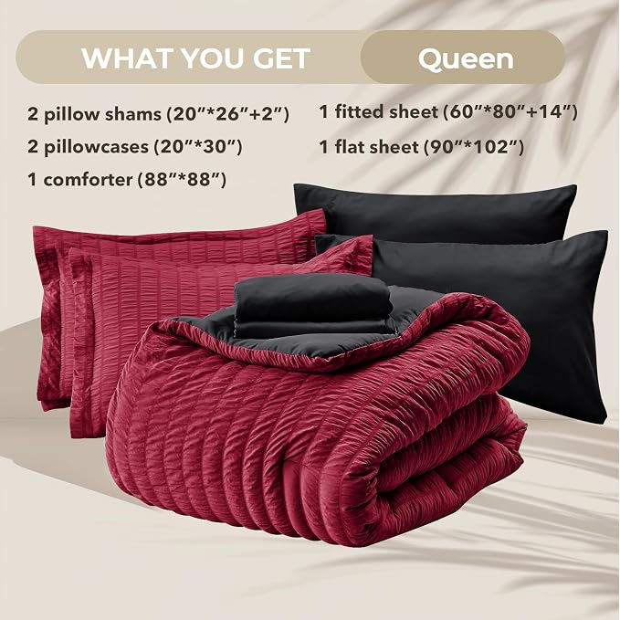 HYMOKEGE Red & Black Queen Comforter Set Seersucker 7 Pieces, All Season Luxury Bed in a Bag for Bedroom, Bedding Set with Comforters, Sheets, Pillowcases & Shams