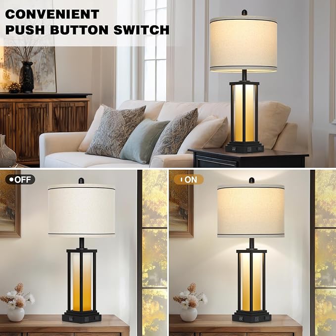 Cinkeda 27" Tall Vintage Table Lamp Set of 2 with USB C+A & Outlet,Farmhouse Nightstand Lamp for Living Room,Rustic Retro Bedside Lamps with Red-Orange Glass Night Light for Bedroom Entryway,Black-2
