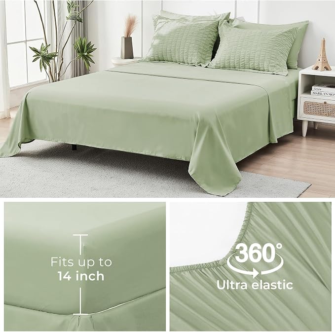 HYMOKEGE Light Green King Size Comforter Set Seersucker 7 Pieces, All Season Luxury Bed in a Bag for Bedroom, Bedding Set with Comforters, Sheets, Pillowcases & Shams