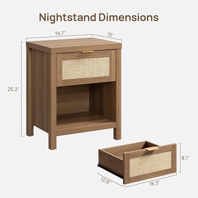 SICOTAS Night Stand Set 2 Rattan Nightstands with Drawer | Boho Bedside Table with Storage Shelf Farmhouse End Side Table for Bedroom, Oak