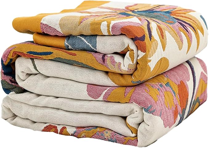 Boho Throw Blanket for Couch Sofa Bed, 100% Cotton Woven Quilt with Tassel 50”x60”, Super Soft Muslin Blanket with Floral Printed, Decorative Reversible Bed Blanket/Cover for All Seasons