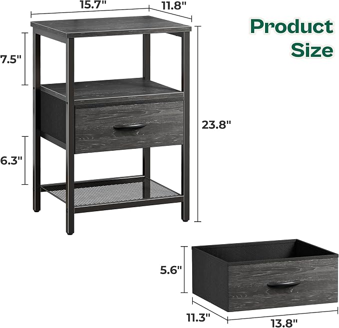 Huuger Nightstand Set of 2, Night Stand with Fabric Drawer, Mesh Shelf | Side Table with Storage, Fabric Drawer Dresser, Open Shelf, Bedroom, Charcoal Black Wood Grain Print