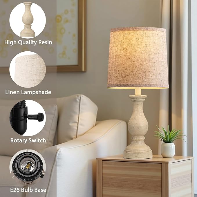 Seealle Farmhouse Table Lamps Set of 2 - Rustic Lamp for Bedroom Living Room, 22" Boho Bedside Lamps for Night Stands End Table Office Desk Lamp Nightstand Clearance with Linen Shades(Antique Yellow)