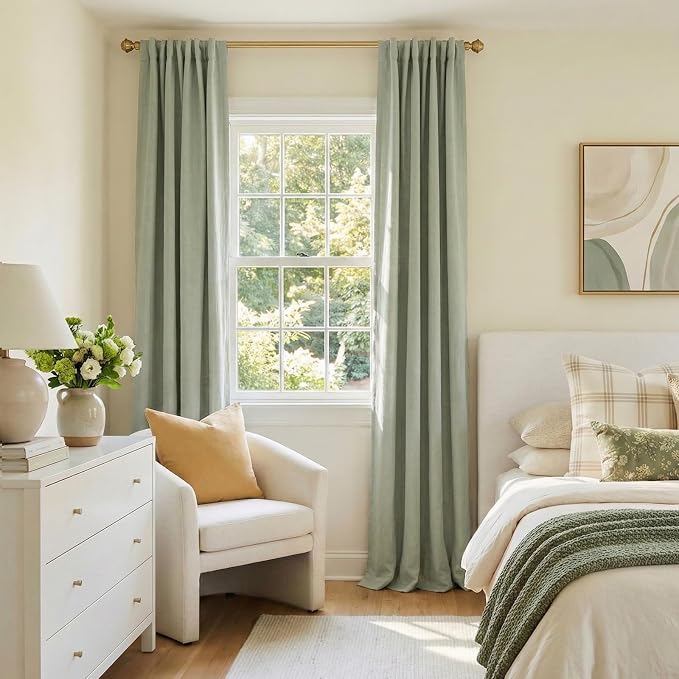 Faux Linen Total Blackout Curtains for Bedroom 84 Inches Long, Sage Green | 100% Blackout Shield, Back Tab/Rod Pocket Living Room Drapes, Thermal Insulated Blackout Curtains 2 Panels Set, 50"W x 84"L