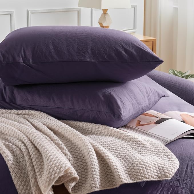 NEXHOME PRO 100% Washed Cotton Duvet Cover Twin Size, Ogranic Natural Linen Feel Breathable Bedding Set with Zipper Closure, 2 Pieces Includes 68x90 Inch Cover & 1 Pillowcases Eggplant (No Comforter)