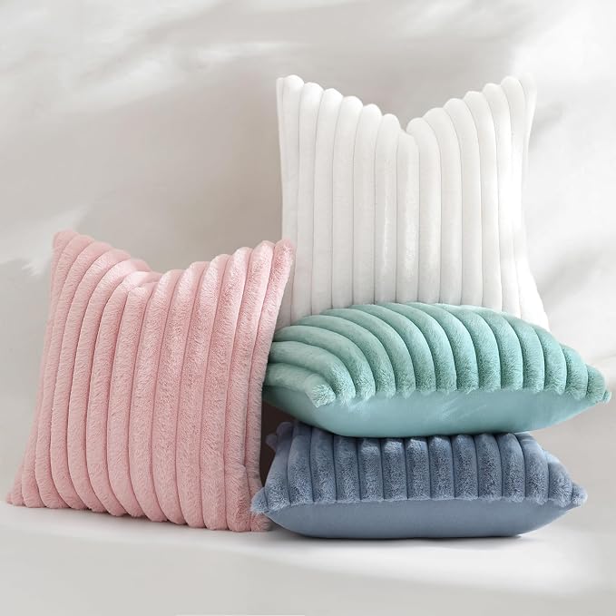 decorUhome Fall Faux Fur Throw Pillow Covers 16x16 Set of 2 White | Decorative Soft Cozy Striped Plush Modern Farmhouse Boho Couch Pillow Cases Velvet Back for Sofa Bed Living Room Home Decor