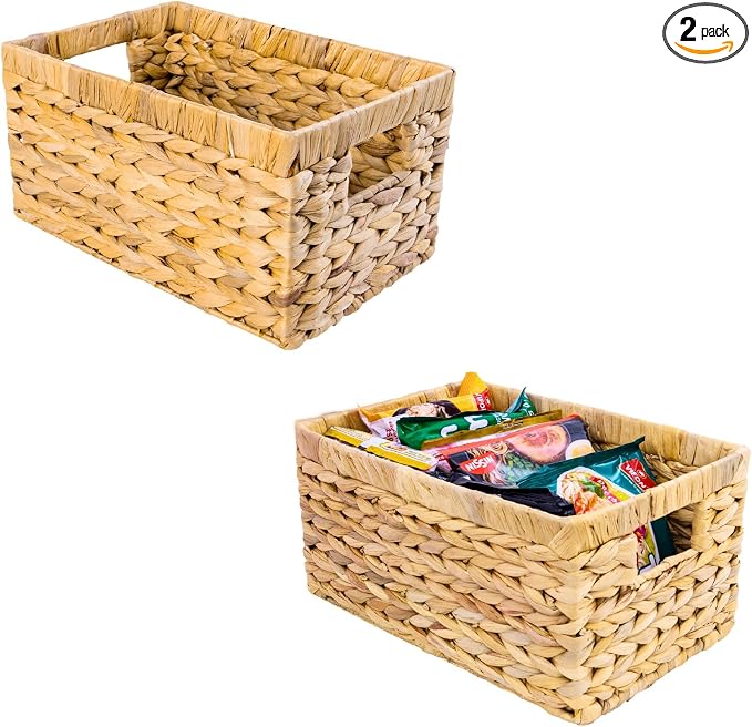 M4DECOR Water Hyacinth Storage Baskets, Wicker Storage Basket with Handles, Woven Baskets for Storage, Pantry Storage Baskets for Kitchen Organizers and Storage Pantry (2 Packs Medium)