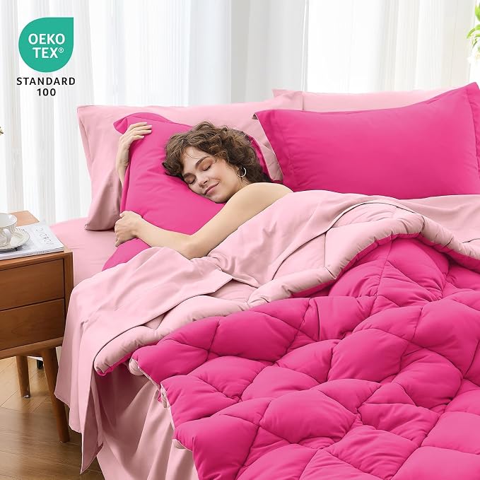7 Pieces Full Comforter Set, Reversible Bed in a Bag Full Size, All Season Bedding Set with Comforter, Flat Sheet, Fitted Sheet, Pillowcases & Shams, Hot Pink & Baby Pink