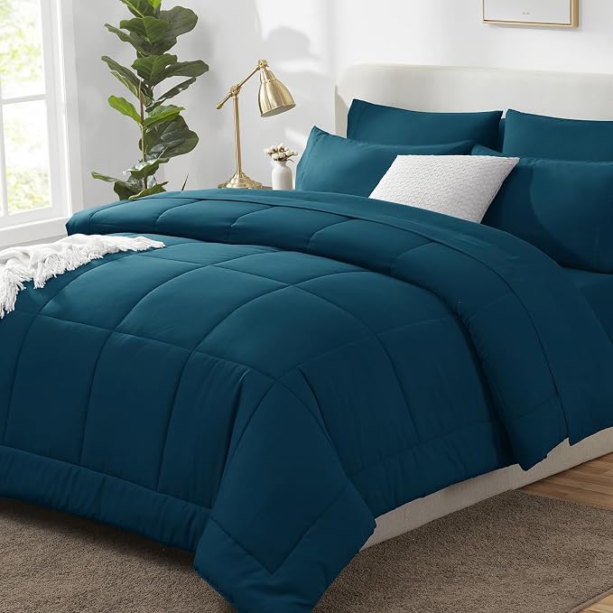 Full Size Comforter Sets Lyons Blue - 7 Pieces Bed in a Bag | OEKO-TEX Certified, All-Season, Bedroom, Guest Room, Down-Alternative Comforter + Flat & Fitted Sheets + 4 Pillowcases