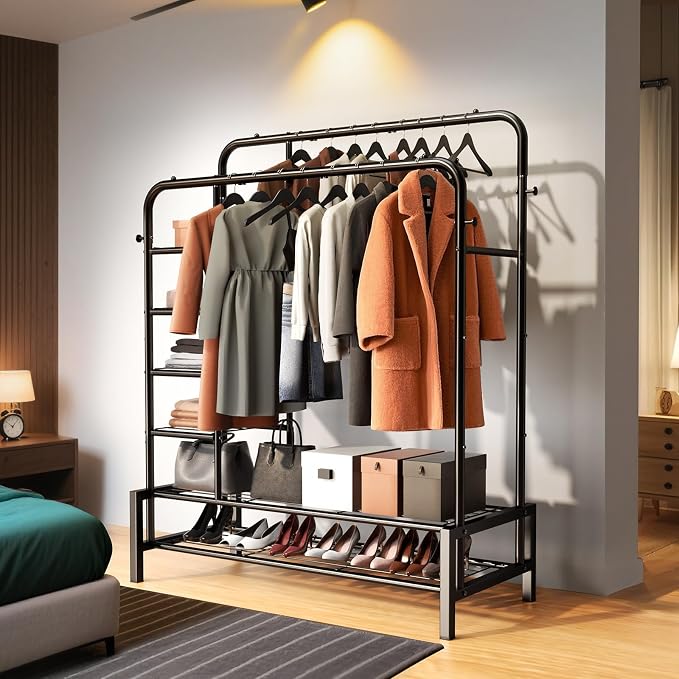 Clothes Rack with Shelves, Double Rods Clothing Rack for Bedroom, Black | Metal Garment Rack for Hanging Clothes, 2 Bottom Shelves & 4 Side Shelves, 220 LBS Clothes Racks for Laundry Room, Dorm Room