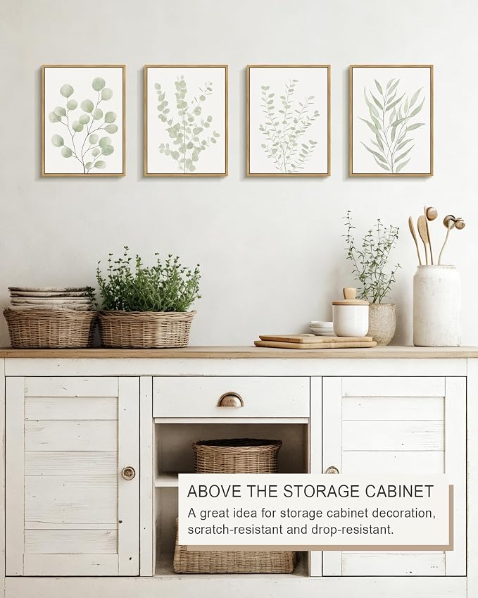 Drsoum Botanical Plant Framed Wall Art Boho Wall Decor for Bathroom Sage Green Eucalyptus Leaf Prints Minimalist Aesthetic Ready to Hang Set of 4, 11x14 in (Natural Framed)
