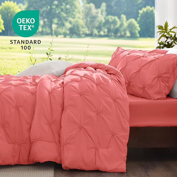 BEDELITE Twin Comforter Set Coral,Lightweight & Soft Comforter | Pintuck Boho Bedding, Warm & Cute Bed Set for All Season,With 1 Pillowcase