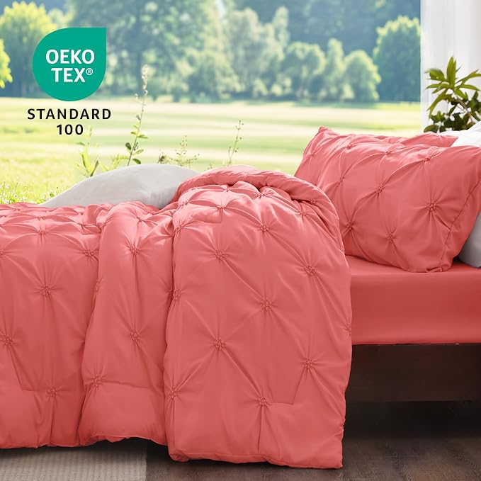 BEDELITE King Comforter Set Coral,Lightweight & Soft Comforter | Pintuck Boho Bedding, Warm & Cute Bed Set for All Season,With 2 Pillowcases