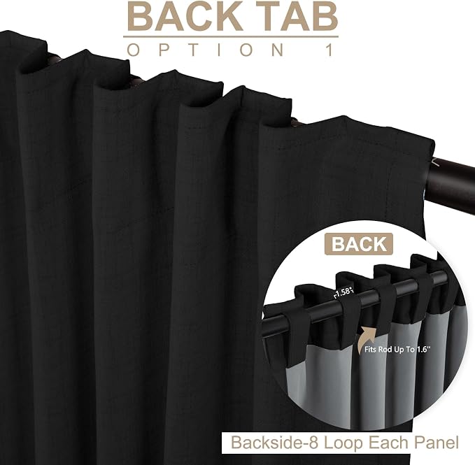 Linen Textured Total Blackout Curtains for Bedroom 96 Inches Long, Black | 100% Blackout Shield, Back Tab/Rod Pocket Living Room Drapes, Thermal Insulated Blackout Curtains 2 Panels Set, 50"W x 96"L