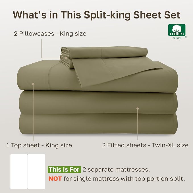 California Design Den 100% Cotton Sateen Split King Sheets Set, 5 Pcs | 500 Thread Count with Good Housekeeping Seal, Split King Sheets Sets for Adjustable Bed with 2 Separate Twin-XL Mattresses