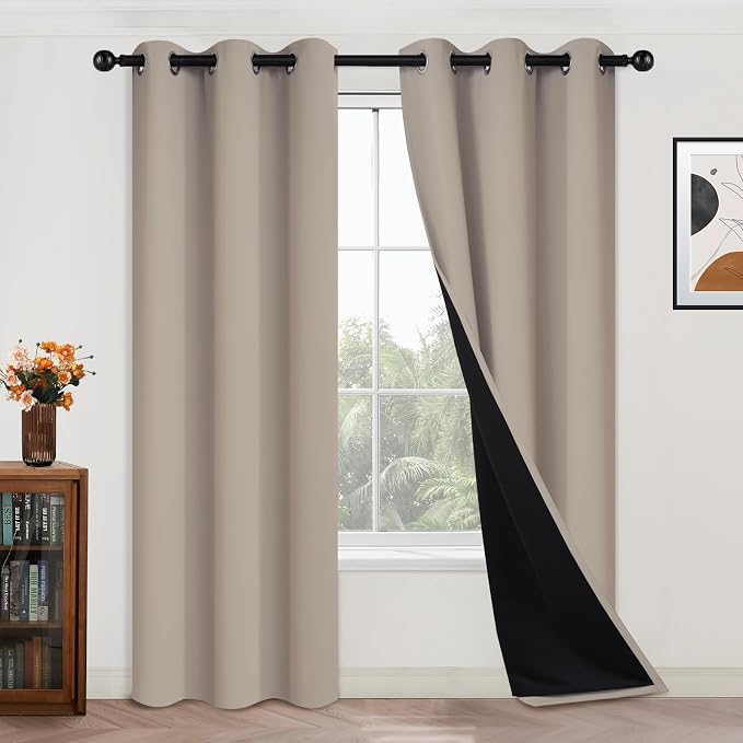 Yakamok Natural Blackout Curtains 84 Inches Long for Bedroom 42" Wide 2 PCS | Blackout Curtain Panels for Bedroom, 2 Thick Layers Grommet Top Thermal Insulated Drapes with Black Liner for Living Room