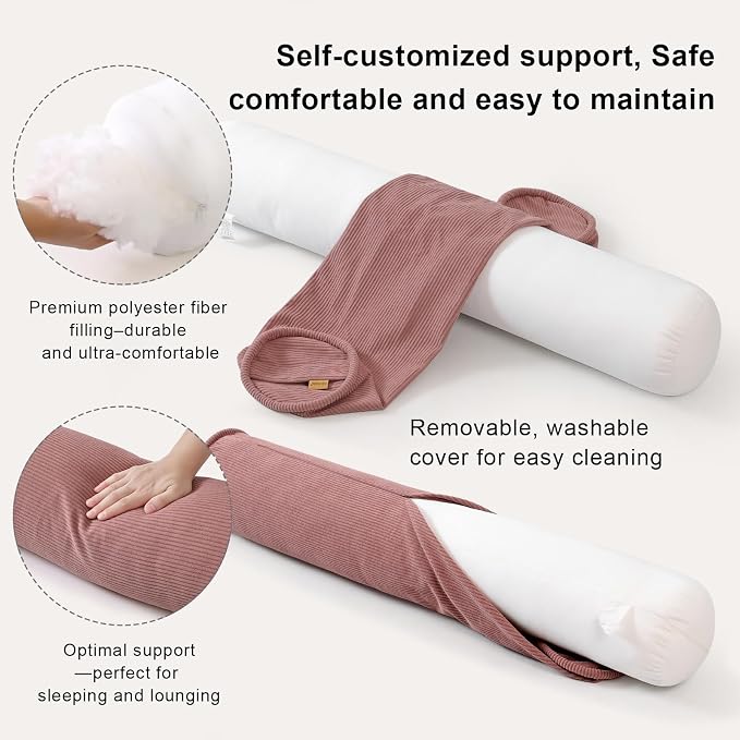 Long Round Body Pillow for Adults – Corduroy Cervical Roll Bolster Pillow, Firm Support for Spine Alignment & Side Sleeping,59 x 7.87 Inches,Brick Brown