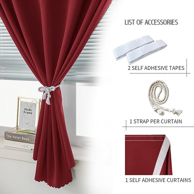 Thermal Blackout Curtains with Self-Adhesive Tape, No Rod No Drill Easy Install Window Cover for Bedroom Kitchen Dorm, 71" W x 59" L, Burgundy, 1 Panel