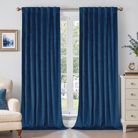 BGment Blue Velvet Blackout Curtains 96 Inches for Living Room, 2 Panels | Thermal Insulated Panels for Bedroom, Room Darkening, Noise Reducing, Energy Saving, Luxury, Back Tab Rod Pocket, 52x96 Inch