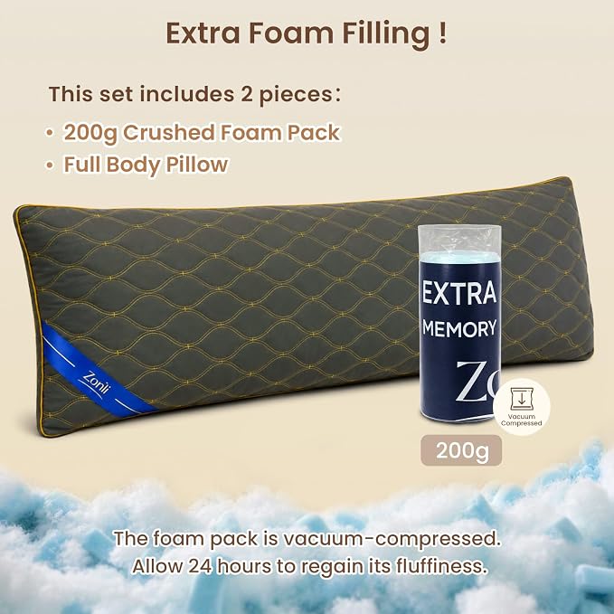ZonLi Long Body Pillow for Adults, Gold Thread Quilted Gourd Pattern Cover, Soft Durable Adjustable Shredded Memory Foam, Comes with Extra 7 Oz Shredded Foam, Ideal for Side Sleepers, Dark Gray