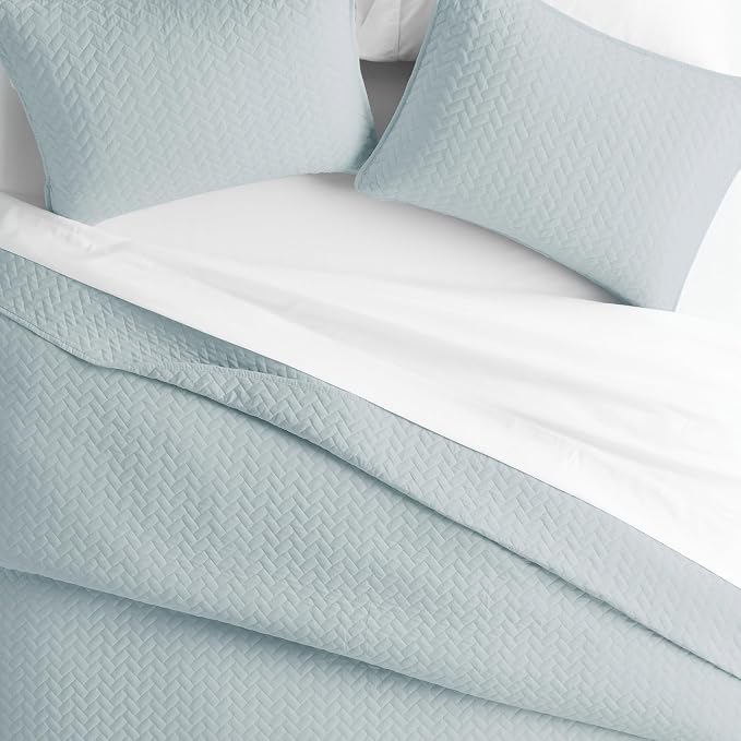 Merit Linens Classic Quilt Coverlet Soft Set in Herringbone Stitching - Full/Queen Pale Blue