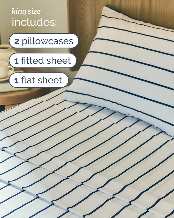 King 4 Piece Striped Sheet Set - Soft, Breathable & Cooling - Navy Stripe | 1 Flat, 1 Fitted & 2 Pillowcases w/ Deep Pockets, Luxury Striped Bedding, Soft, Breathable & Cooling, Wrinkle & Fade Free