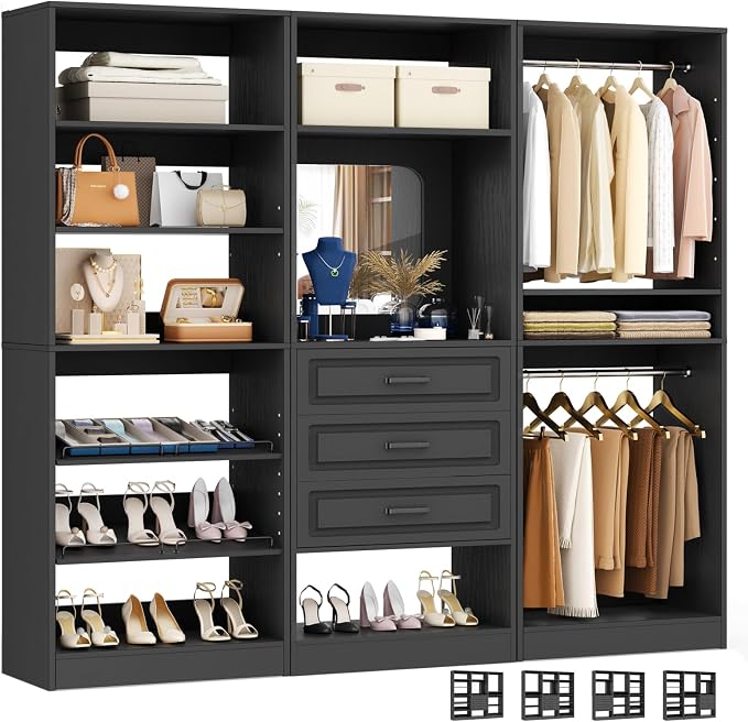 Unikito 75" Modular Closet System with 3 Sets, Mirror & Drawers, Black | Hanging Rods & Adjustable Shelves, Freestanding Wood Wardrobe Garment Rack, Walk in Tower Clothes Storage Organizer Unit