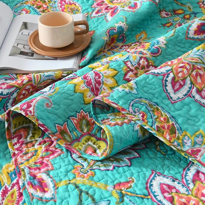 Wistown Cotton Bedspread Bedding Coverlet Quilt Sets, Reversible Vintage Branch Floral Bedspread comforters, (Vintage Turquoise Paisley Floral Pattern, King Size)