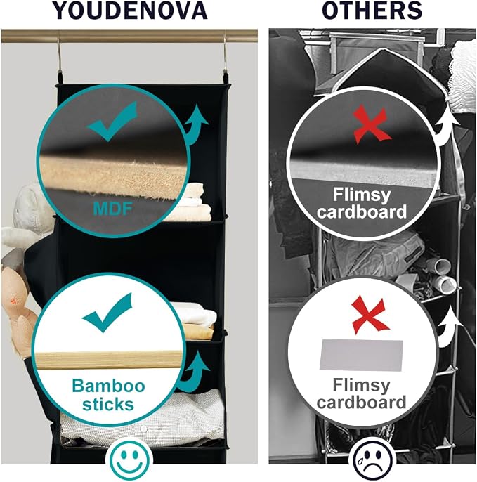 YOUDENOVA Hanging Closet Organizer and Storage, 6-Shelf, 2 Packs, Black | Breathable Fabric, 2 Side Pockets, Clothes Organizer, Hanging Shelves, Closet Storage, College Dorm Room Essentials for Guys