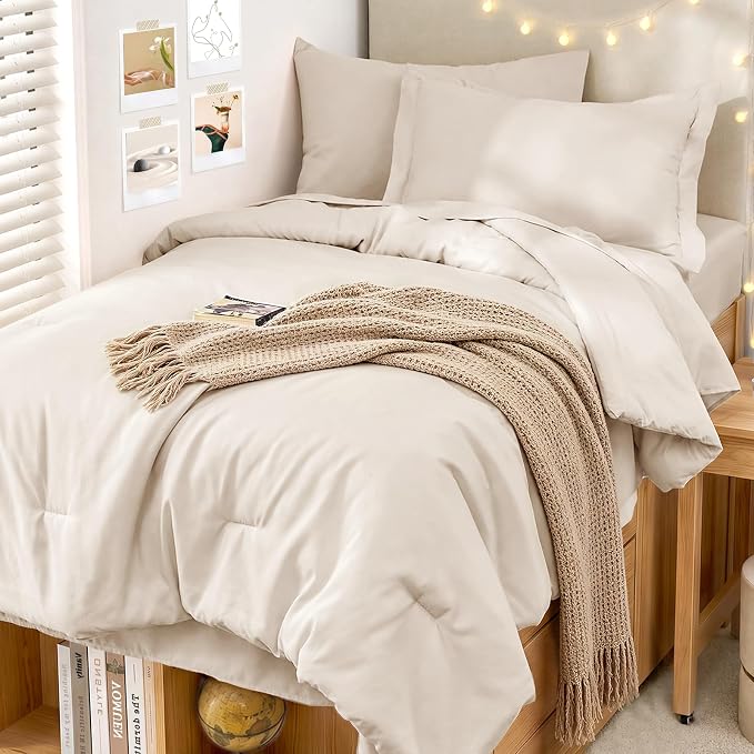 5 Pieces Twin XL Comforter Set, Soft Bed in a Bag Twin XL Size, All Season Bedding Set with Comforter, Flat Sheet, Fitted Sheet, Pillowcases & Shams, Beige
