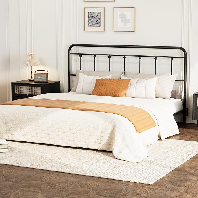 Victorian Metal King Size Headboard Only, Black | 34"-44.6" Adjustable Height, Steel King Head Board with Bed Frame Brackets Adapter, Easy Assembly, Farmhouse Vintage Style