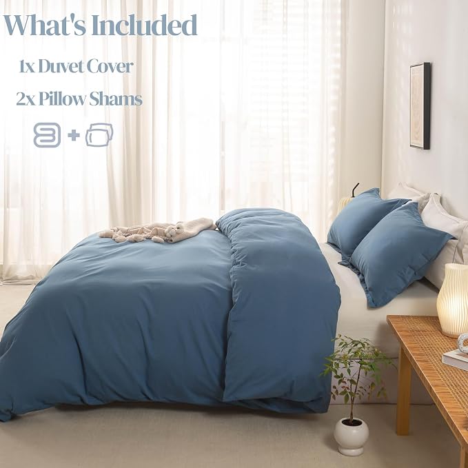 OAITE Duvet Cover Set 100% Washed Cotton Solid 3pcs | Soft,Durable,Long-staple Cotton,Hidden Zipper with 8 Interior Corner Ties,2 Pillowcases,68"X90"