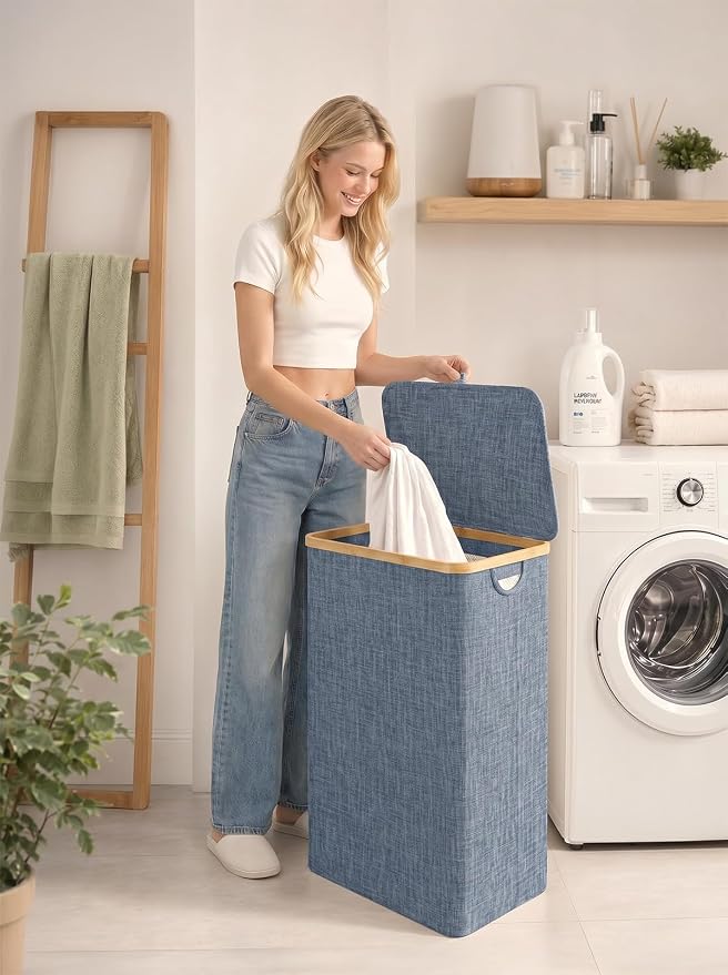 IEGrow Laundry Hamper with Lid,110L Laundry Basket with Mesh Bags,Blue | Dirty Clothes Hamper Basket with Bamboo Handle for Clothes Towels