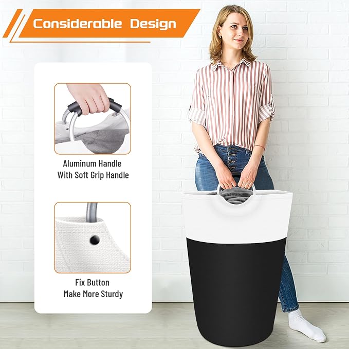 BlissTotes 90L Laundry Basket, Freestanding Collapsible Hamper, Black | Collapsible Dirty Clothes Hamper, Foldable Laundry Bag for Dorm, Waterproof Fabric, Padded Aluminum Handles