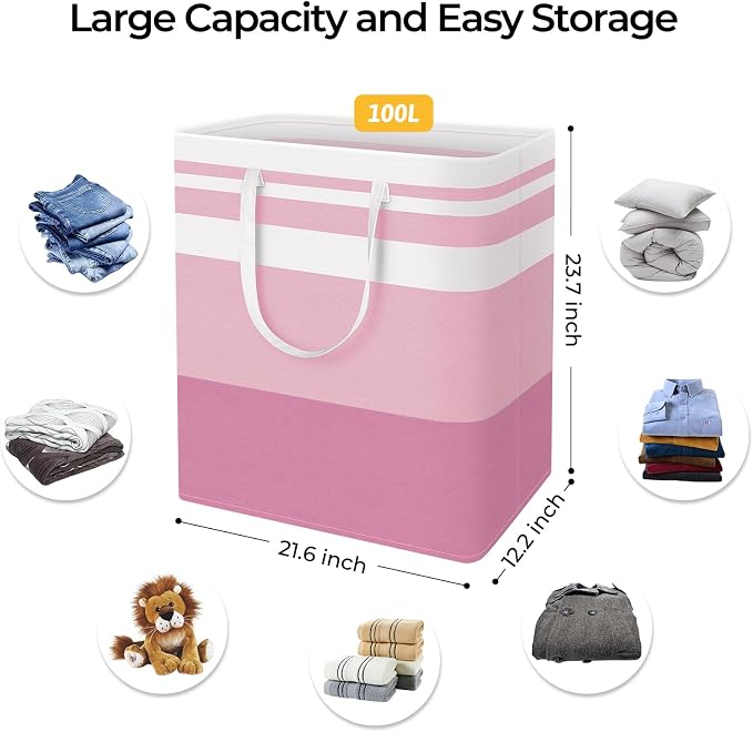 HomeHacks 2 Pack Laundry Baskets, Laundry Hampers Bags (Grey+Pink 100L) | Waterproof, Freestanding, Collapsible Clothes Hamper with Reinforced Handles in Laundry Room, Dorm, Bathroom, Bedroom