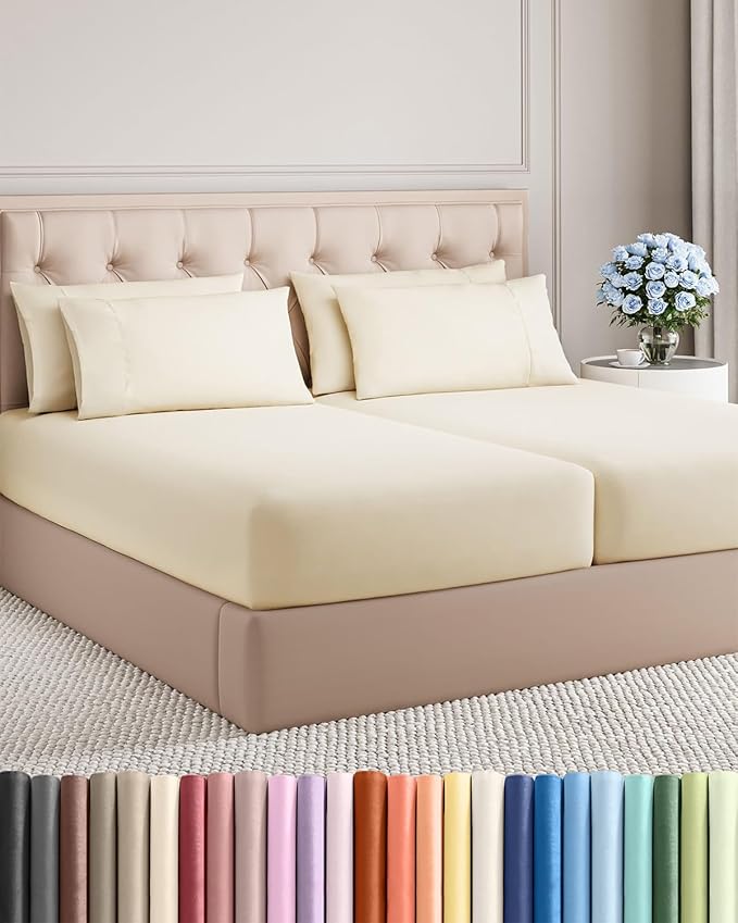 Split King 7 Piece Bed Sheet Set - Comfy, Breathable & Cooling - Off White | Ultra-Soft Hotel Luxury Bedding Set w/ 8-16 Inch Deep Pockets, 1 Flat & 2 Fitted Sheet & 4 Pillowcases, Wrinkle & Fade Free