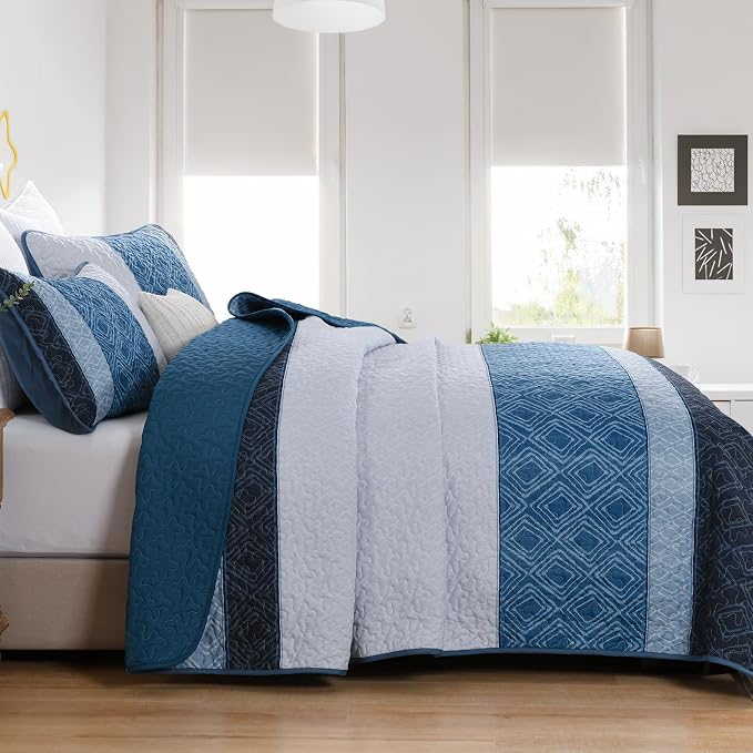 Cottolester Navy Blue California King Quilt Set,Striped Plaid Bedspread | Ultra Soft Lightweight Coverlets Set with 2 Pillowshams for Men Women,Microfiber Quilt Bedding Sets for All Seasons 110"x96"