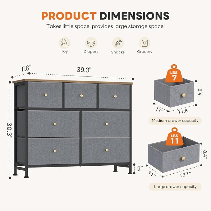 Sweetcrispy 7 Drawer Dresser for Bedroom Storage with Fabric Bins, Blue | Anti-Tip Closet Organizer, Wooden Top and Sturdy Steel Frame, Spacious Drawers for Clothes Storage, Hallway Entryway