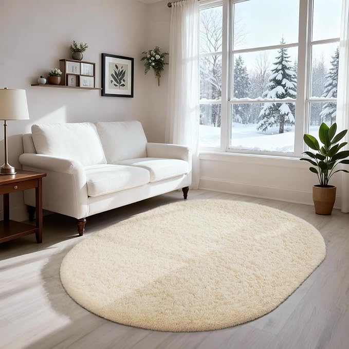 Ophanie 3x5 Oval Ivory Rugs for Bedroom Living Room,Fluffy Fuzzy Furry Carpet,Plush Soft Shaggy Indoor Floor Area Rug for Kids Girls Boys Baby Teen Dorm Decor with Over 99 pcs Pile fibers